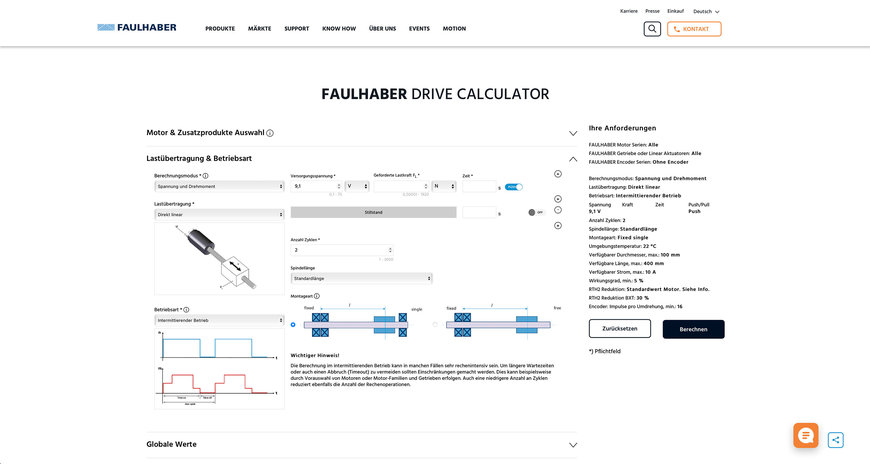 Calculadora de accionamiento de FAULHABER 